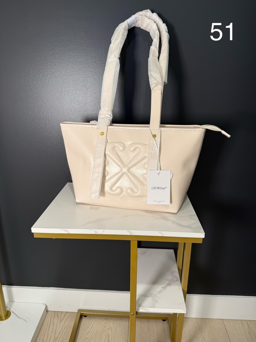 Off-White Cream Leather Embossed Logo Tote